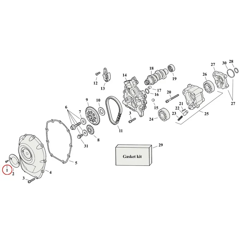 Asiakkaiden Suosikki Cam Drive / Cover Parts Diagram räjäytetty näkymä Harley Milwaukee Eight varten