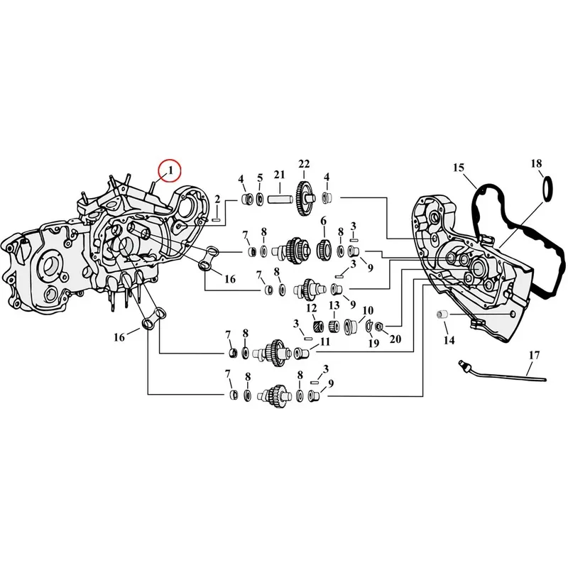 Cam Drive / Cover Parts Diagram räjäytetty näkymä 54-90 Harley Sportsterille Alennettu Hinta