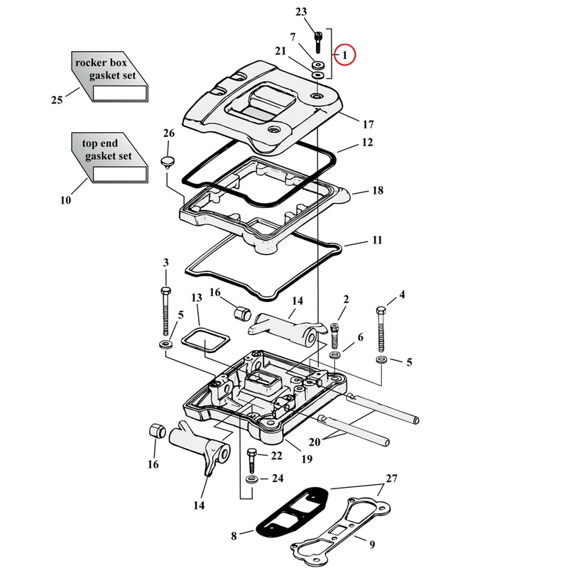 Rocker Box Parts Diagram räjäytetty näkymä Harley Evolution Big Twinille Tarjoushinta