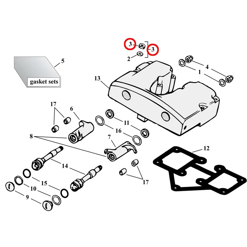 Rocker Box Parts Diagram räjäytetty näkymä Harley Shovelheadille Sertifioitu