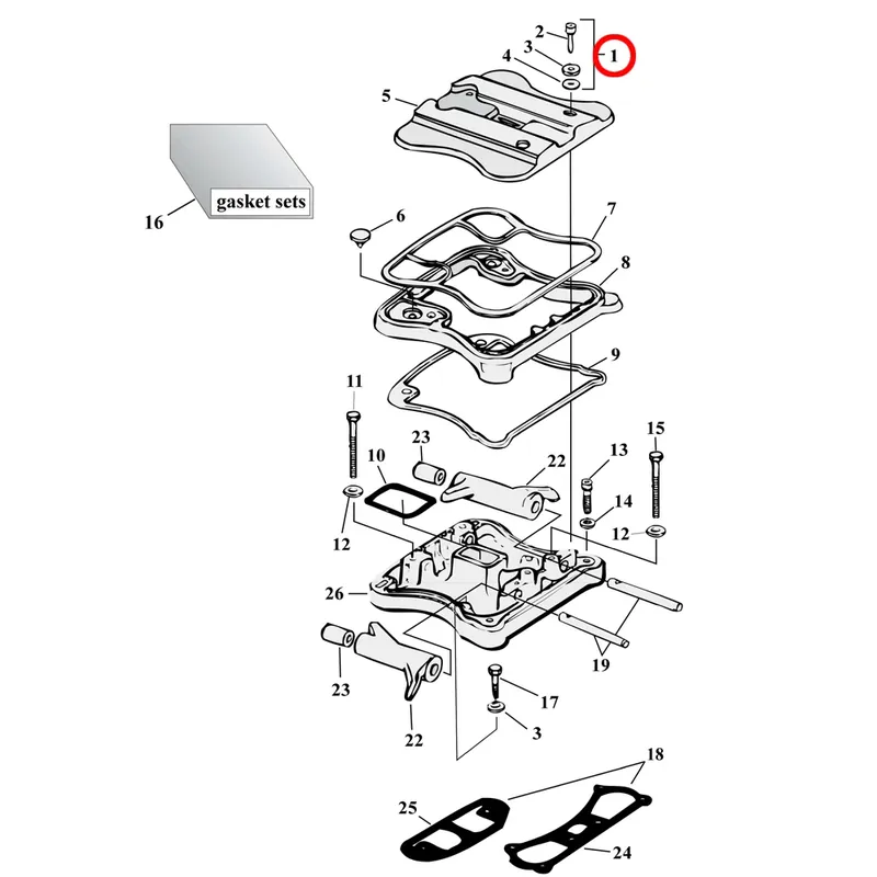 Turvallinen Maksu Rocker Box Parts Diagram räjäytetty näkymä 86-03 Harley Sportsterille