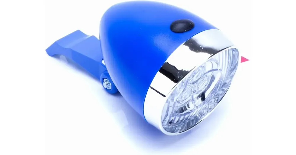 Heti Saatavilla 3-LED Retro -akkuajovalo sininen, jossa katkaisija ja kiinnike. Käyttää 3xAAA-paristoja.