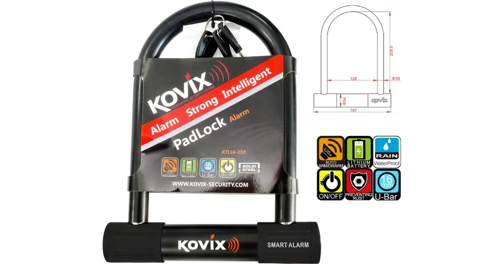 U-lukko hälyttimellä 120dB, musta, KOVIX KTL16-210 Uutuus